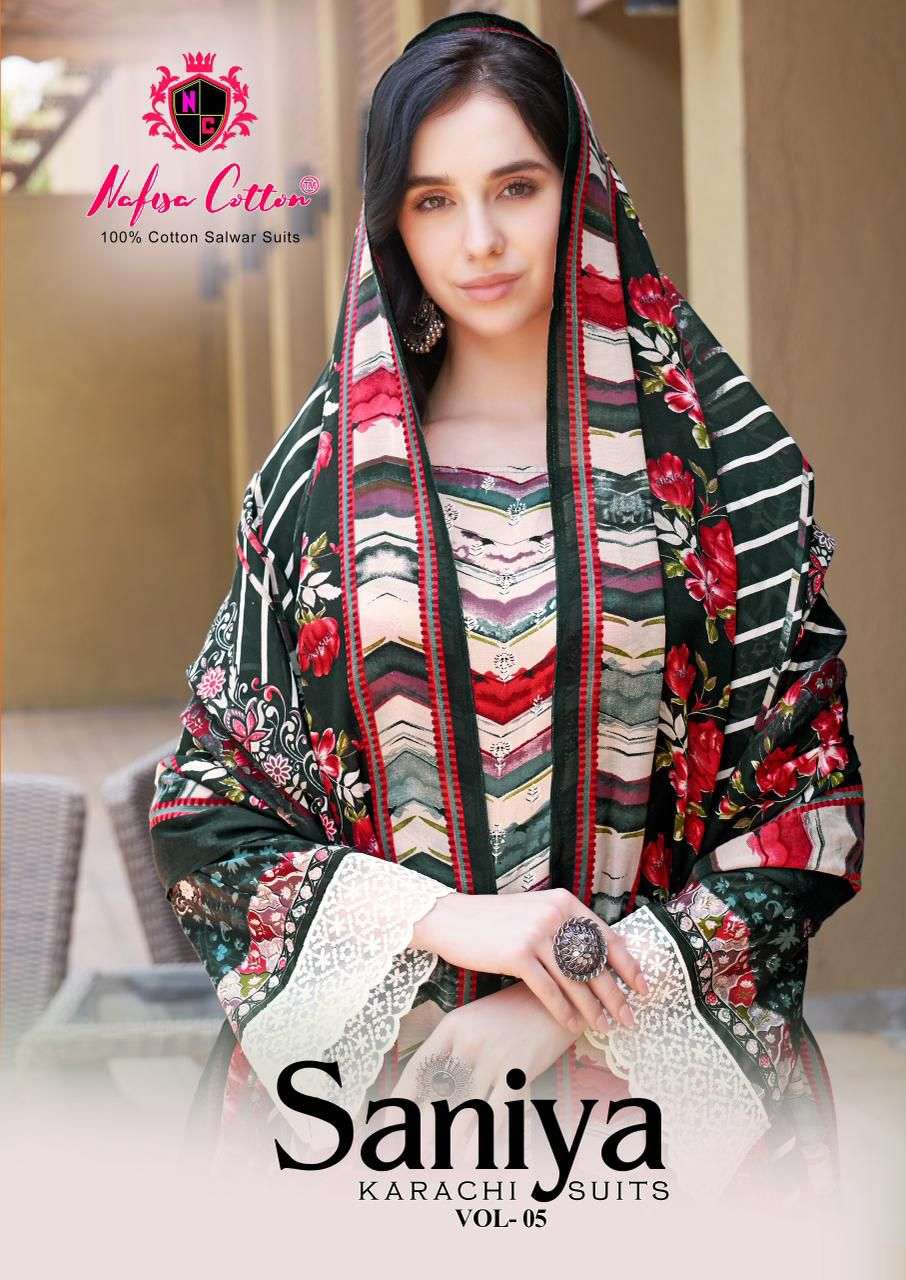 NAFISHA COTTON SANIYA KARACHI SUIT VOL-05 5001 TO 5006 SERIES PURE COTTON PRINTED PAKISTANI DRESSES-...