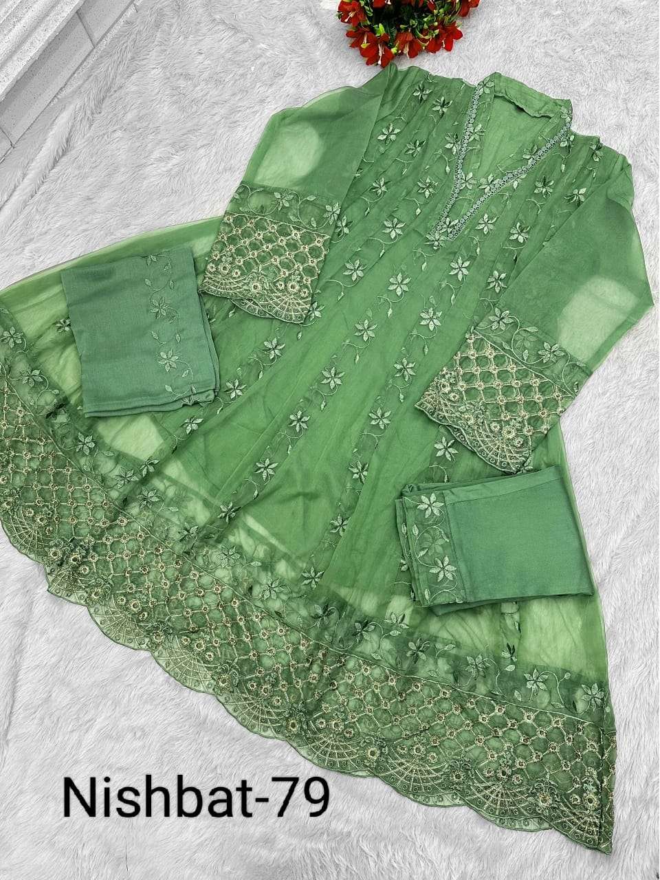 NISHBAT 79 COLOUR PURE ORGANZA EMBROIDERY PAKISTANI DRESSES-00204
