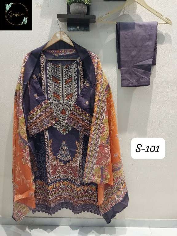 SAPPHIRE S-101 PURE COTTON PRINTED PAKISTANI EMBROIDERY PRINTED DRESSES-00272