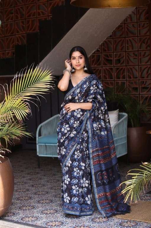 SC-BLACK INDIGO BY ASLIWHOLESALE DESIGNER PURE CHANDERI SILK PRINTED SAREES-00292