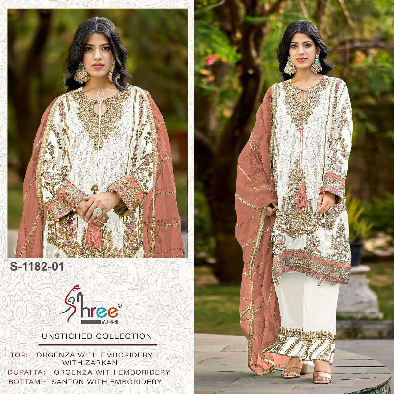 SHREE FAB S-1182 01 TO 04 SERIES PURE ORGANZA EMBROIDERY PAKISTANI DRESSES-00011