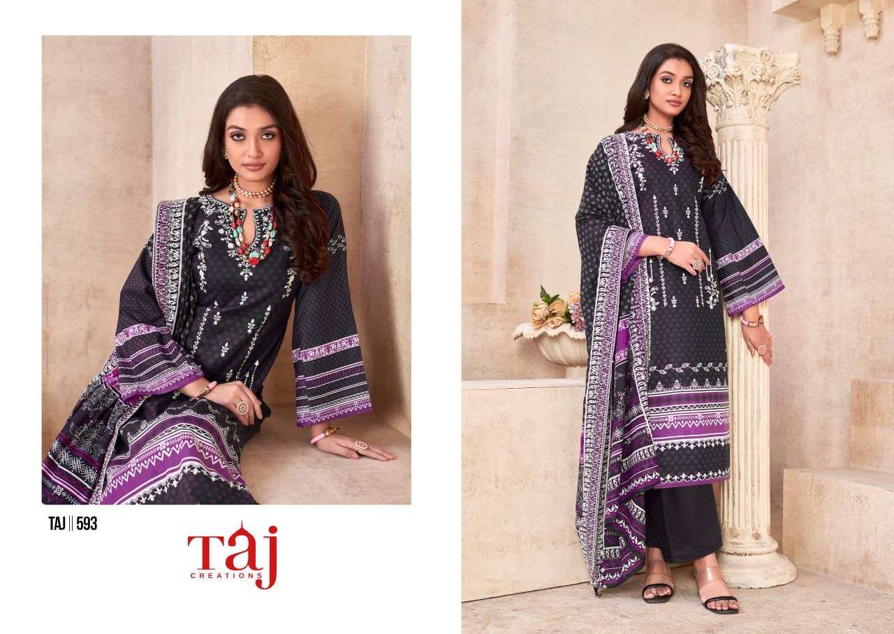TAJ CREATION 593-596 SERIES PURE COTTON PRINTED EMBROIDERY PAKISTANI DRESSES-00201