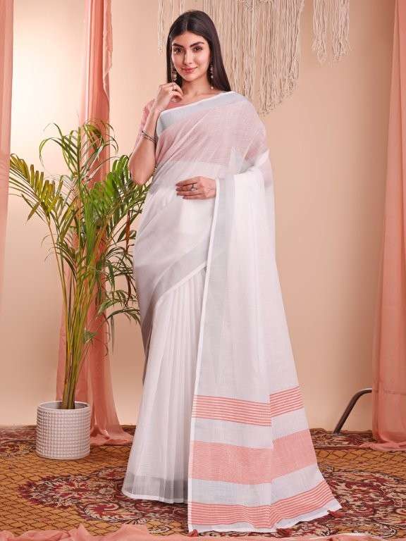THE WHITE LOOM BY ASLIWHOLESALE DESIGER PURE LINEN COTTON SAREES-00286