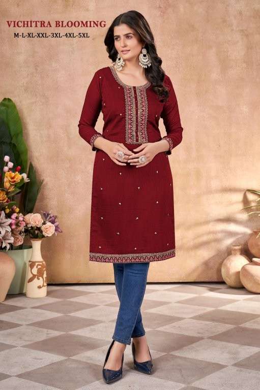VICHITRA BLOOMING BY ASLIWHOLESALE DESIGNER PURE VICHITRA SILK KURTIS-00062