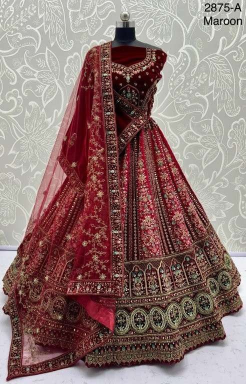 2875 HIT COLOUR BY ASLIWHOLESALE DESIGNER PURE VELVET EMBROIDERY PRINTED LEHENGAS-00130