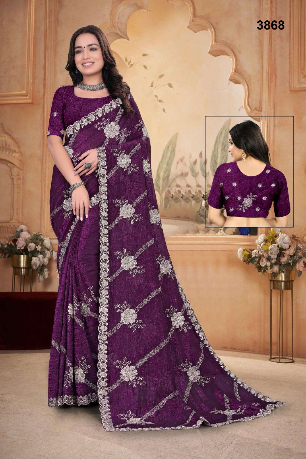 3868 COLOUR BY ASLIWHOLESALE DESIGNER PURE FANCY EMBROIDERY PRINTED SAREES-00103