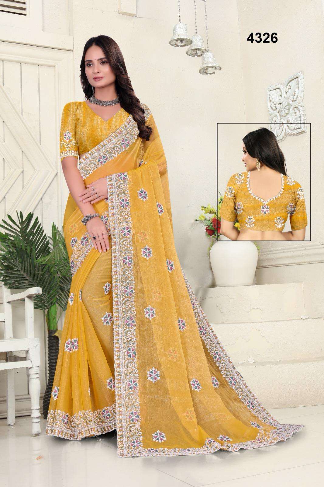 4326 COLOUR BY ASLIWHOLESALE DESIGNER PURE CHIFFON EMBROIDERY PRINTED SAREES-00103