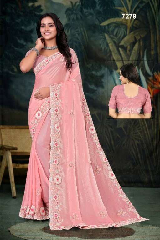 7279 COLOUR BY ASLWIHOLESALE DEISGNER PURE SATIN EMBROIDERY PRINTED SAREES-00103
