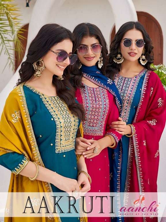 AANCHI AAKRUTI PURE VICHITRA SILK EMBROIDERY PRINTED DRESSES-00286