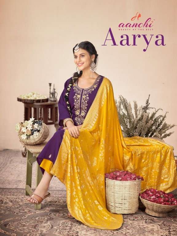 AANCHI AARYA PURE ROMAN SILK EMBROIDERY PRINTED DRESSES-00286