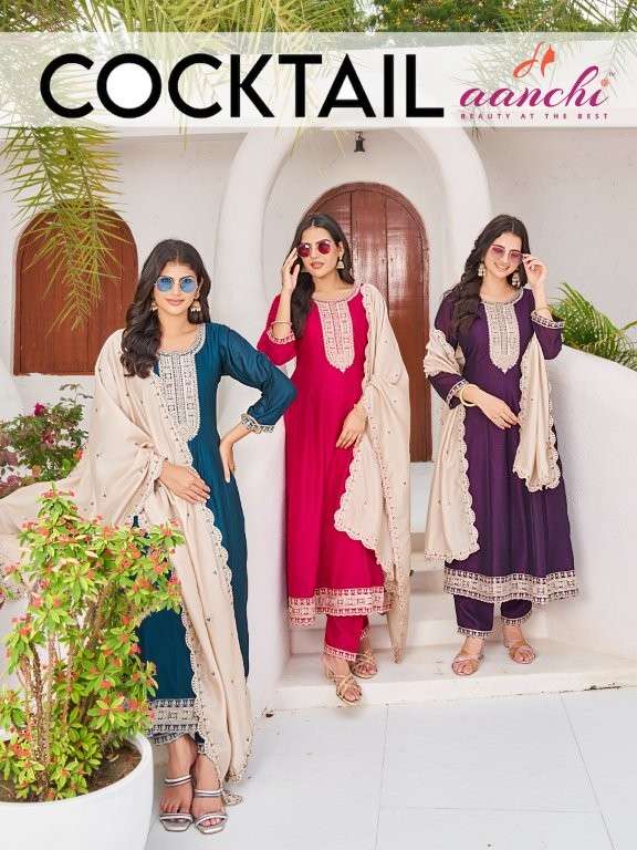 AANCHI COCKTAIL PURE VICHITRA SILK EMBROIDERY PRINTED DRESSES-00286