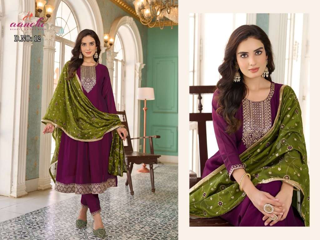 AANCHI DN-12 & 14 SERIES PURE VICHITRA SILK EMBROIDERY PRINTED DRESSES-00286