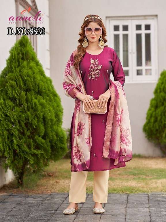 AANCHI DN-8836 & 8837 SERIES PURE RANGILA SILK EMBROIDERY PRINTED DRESSES-00286