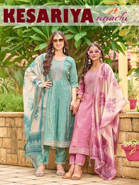 AANCHI KESARIYA PURE ROMAN SHIMMER EMBROIDERY PRINTED DRESSES-00286