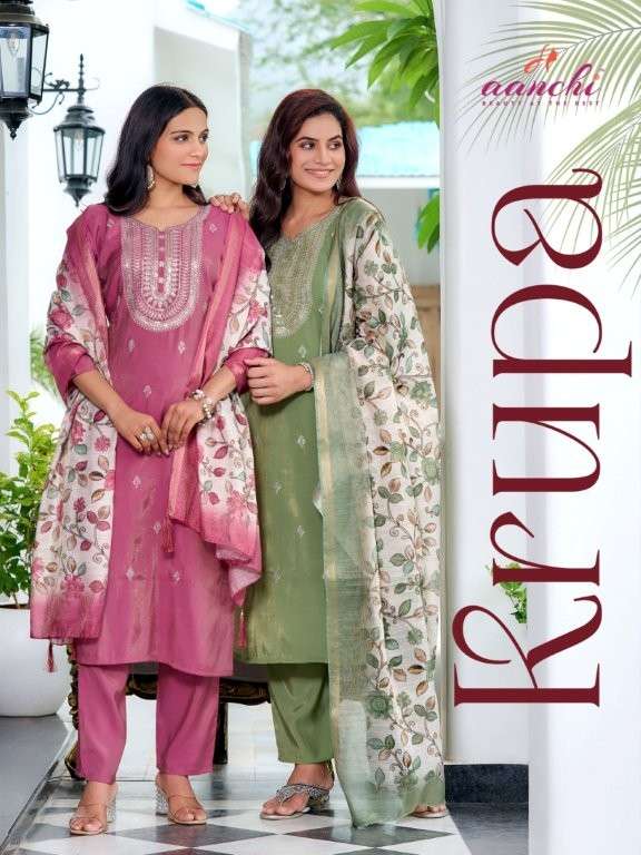 AANCHI KRUPA 1001 TO 1004 SERIES PURE ROMAN SHIMMER FANCY EMBROIDERY DRESSES-00286