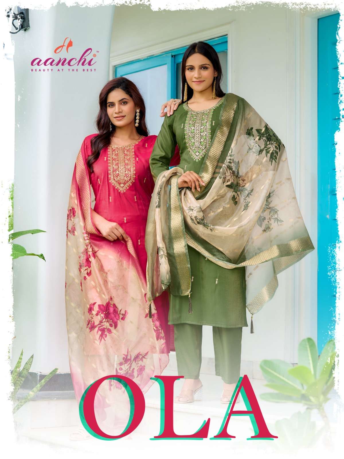 AANCHI OLA PURE ROMAN SHIMMER EMBROIDERY PRINTED DRESSES-00286