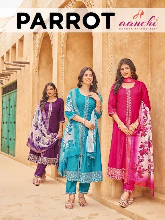 AANCHI PARROT PURE VATICAN EMBROIDERY PRINTED DRESSES-00286