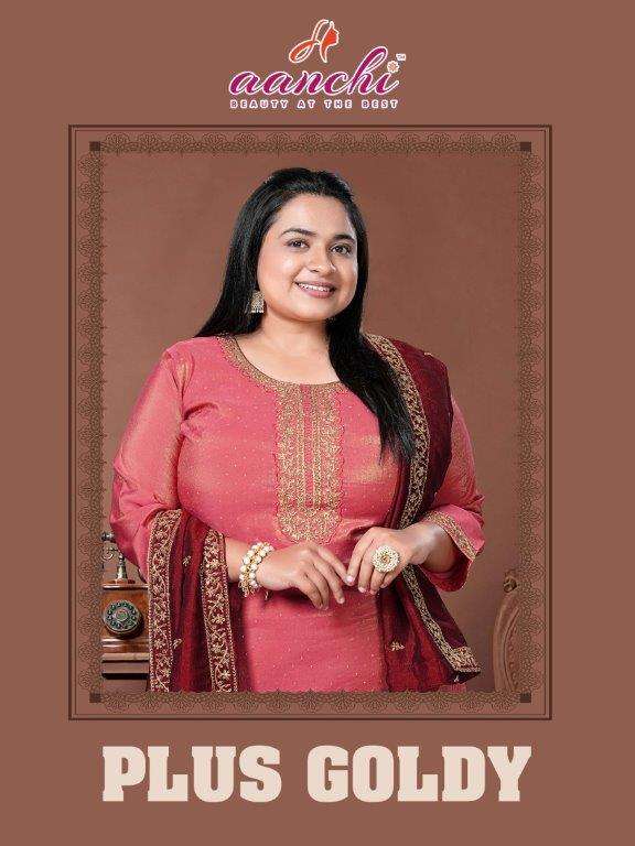 AANCHI PLUS GOLDY 100226 TO 100229 SERIES PURE ROMAN SHIMMER FANCY EMBROIDERY DRESSES-00286