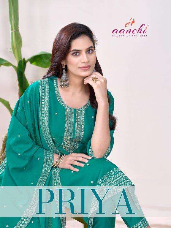 AANCHI PRIYA 1001 TO 1003 SERIES PURE ROMAN SHIMMER FANCY EMBROIDERY DRESSES-00286