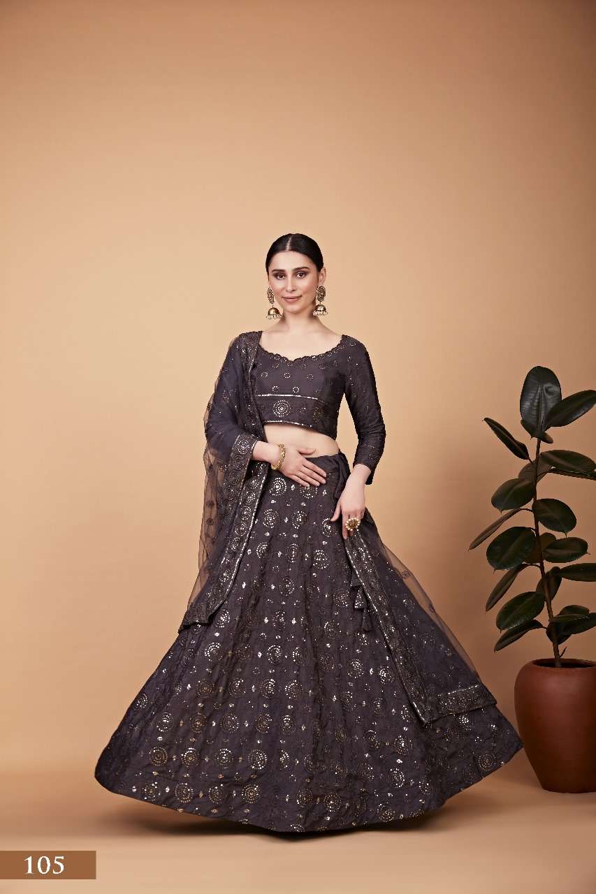 AAWIYA NAYRA VOL-1 105 GREY SERIES PURE SILK EMBROIDERY PRINTED LEHENGAS-00060