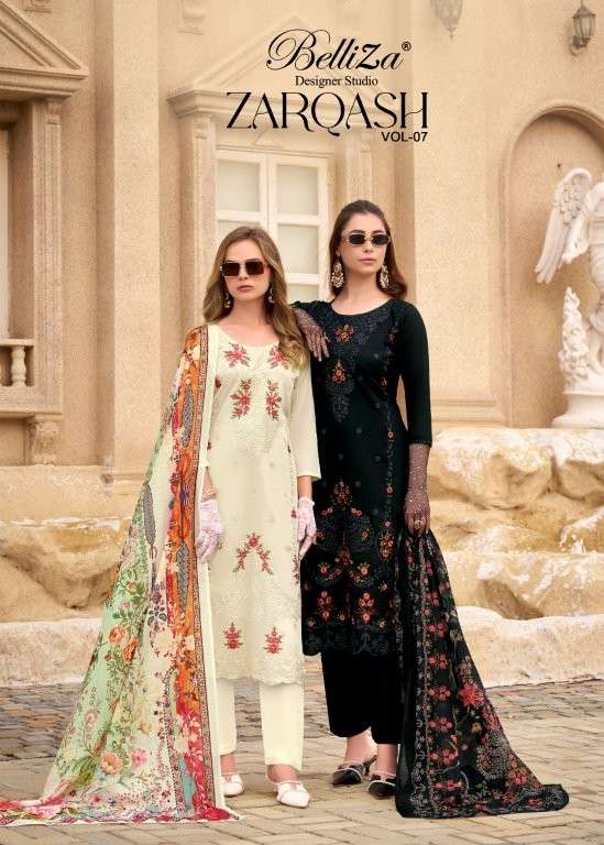 BELLIZA ZARQASH VOL-07 870-001 TO 870-006 SERIES PURE JAAM COTTON PRINTED PAKISTANI DRESSES-00011