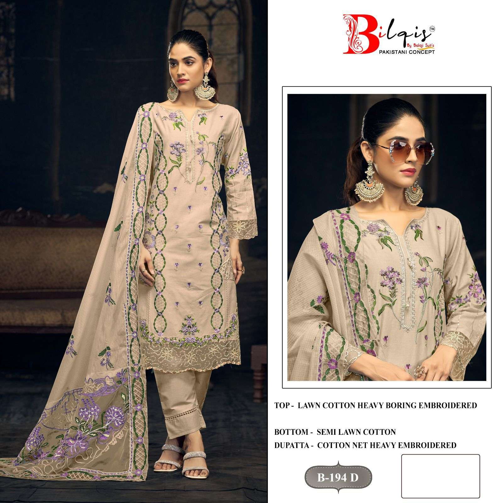 BILQIS B-194 COLOUR HEAVY EMBROIDERY LAWN COTTON PAKISTANI DRESSES-00201