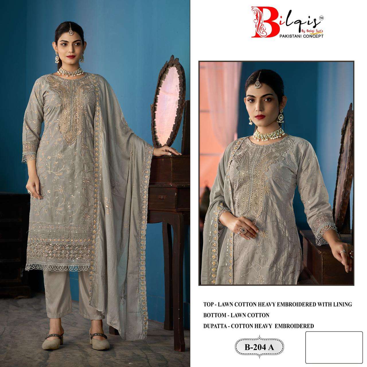BILQIS B-204 COLOUR HEAVY EMBROIDERY CAMBRIC COTTON LAWN PAKISTANI DRESSES-00201