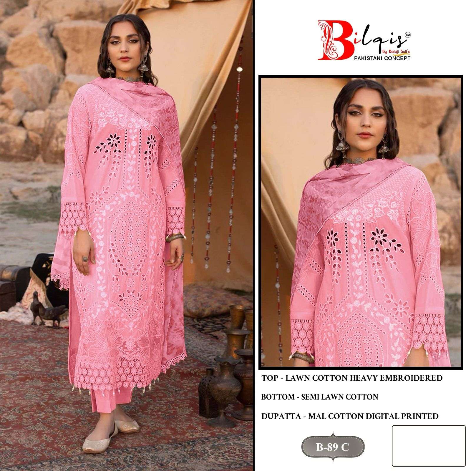 BILQIS B-89 COLOUR HEAVY EMBROIDERY CAMBRIC LAWN COTTON PAKISTANI DRESSES-00201