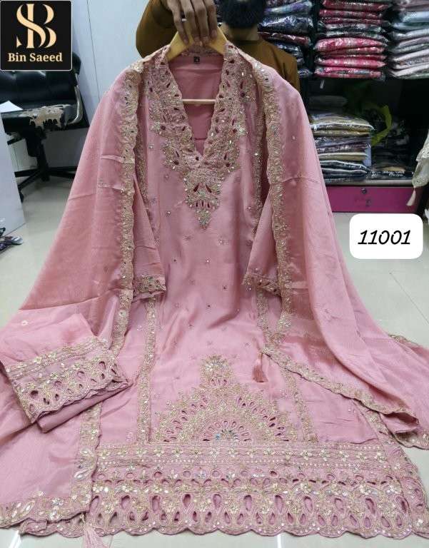 BIN SAEED 11001 BY ASLIWHOLESALE DESIGNER PURE CHINNON EMBROIDERY PRINTED DRESSES-00272