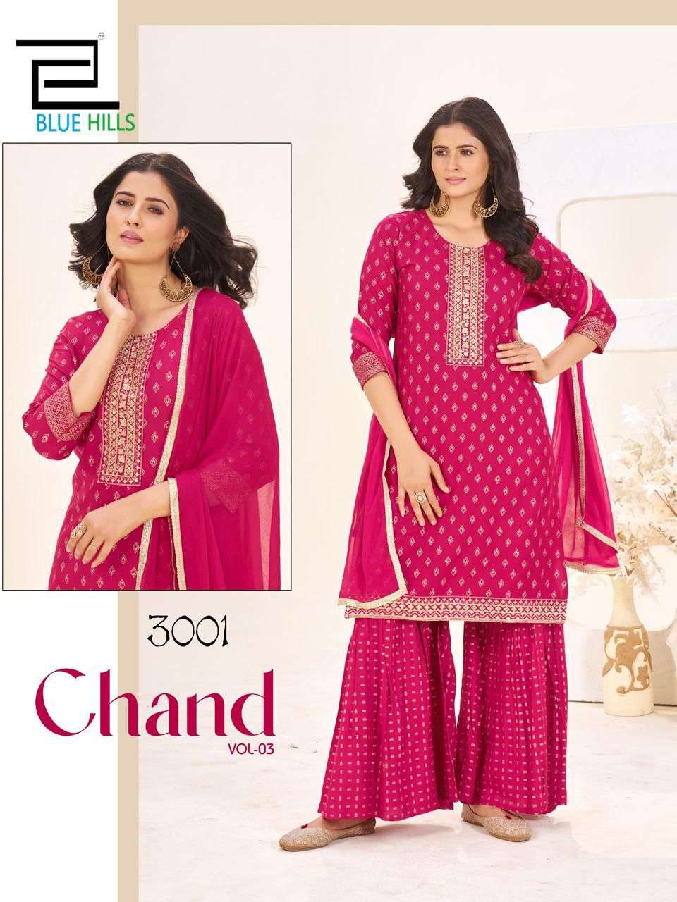 BLUE HILLS CHAND VOL-3 3001 TO 3008 SERIES PURE RAYON EMBROIDERY PRINTED DRESSES-00099