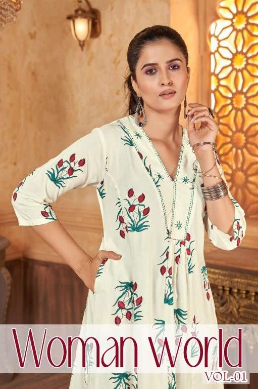 BLUE HILLS WOMAN WORLD VOL-1 1001 TO 1004 SERIES PURE RAYON EMBROIDERY PRINTED KURTIS-00099