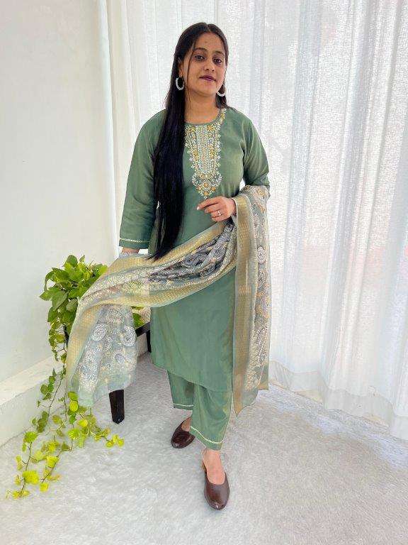 DN-438 BY ASLIWHOLESALE DESIGNER PURE ROMAN SILK HANDWORK DRESSES-00232