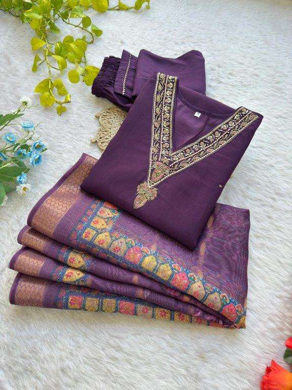 DN-453 BY ASLIWHOLESALE DESIGNER PURE ROMAN SILK HANDWORK DRESSES-00232