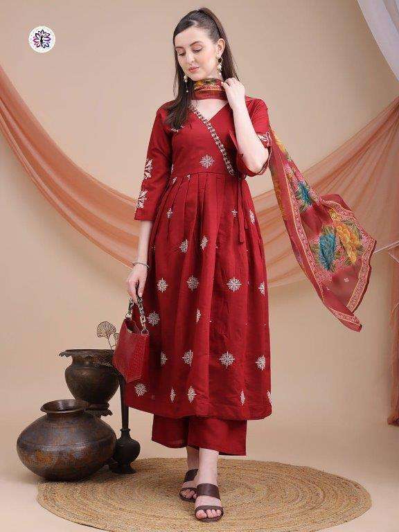 KF-2002 BY ASLIWHOLESALE DESIGNER PURE ROMAN SILK EMBROIDERY DRESSES-00096