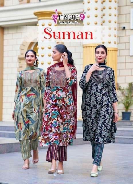 MYSTIC 9 SUMAN VOL-1 3001 TO 3008 SERIES PURE RAYON PRINTED DRESSES-00015