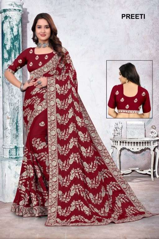 PREETI COLOUR BY ASLIWHOLESALE DESIGNER PURE SATIN SILK EMBROIDERY SAREES-00103