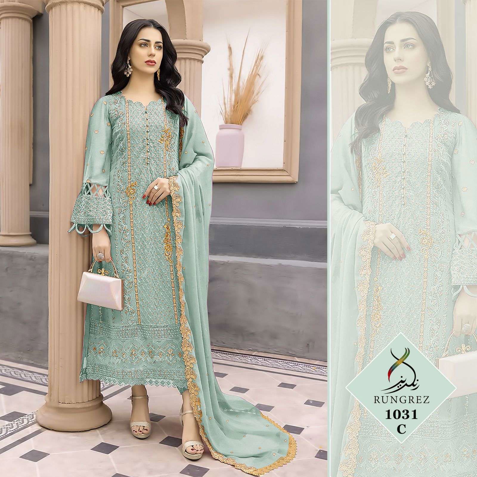 RUNGREZ R-1031 PURE FAUX GEORGETTE EMBROIDERY PAKISTANI DRESS-00201