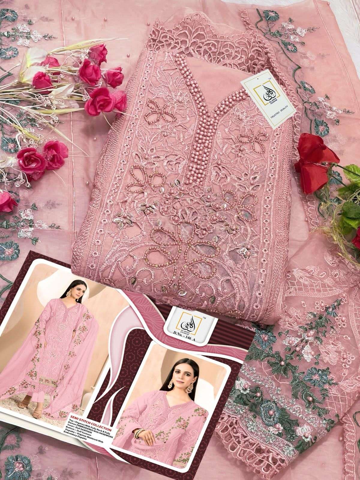 SAPPHIRE AL-HUDA-146 146-A TO 146-D SERIES PURE ORGANZA EMBROIDERY  DRESSES-00272