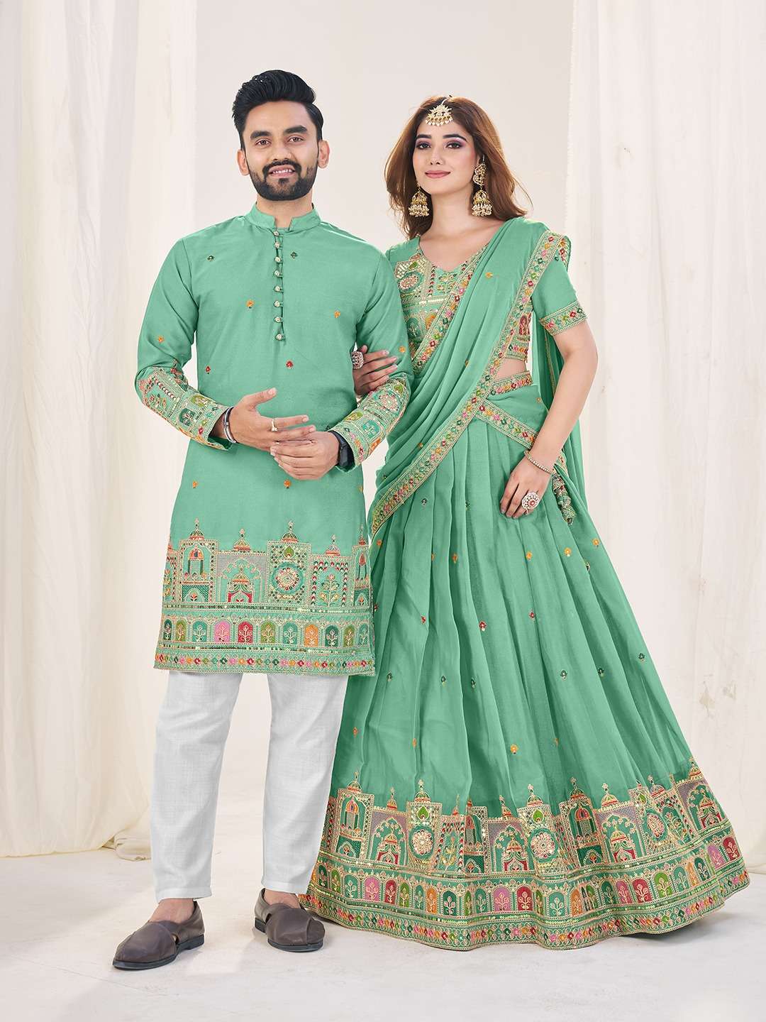 SHEE STAR COUPLE VOL-4 BY ASLIWHOLESALE DESIGNER PURE GEORGETTE EMBROIDERY PRINTED LEHENGAS & MENS K...