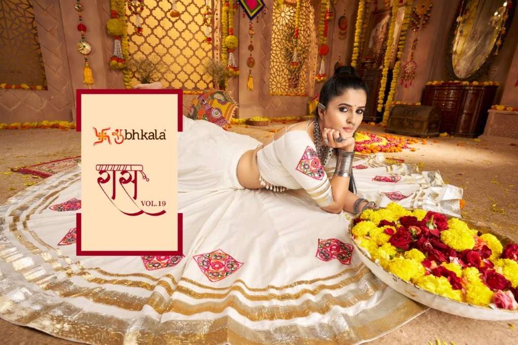 SHUBHAKALA RAAS VOL-19 11001 TO 11006 SERIES PURE VISCOSE RAYON EMBROIDERY PRINTED LEHENGAS-00278