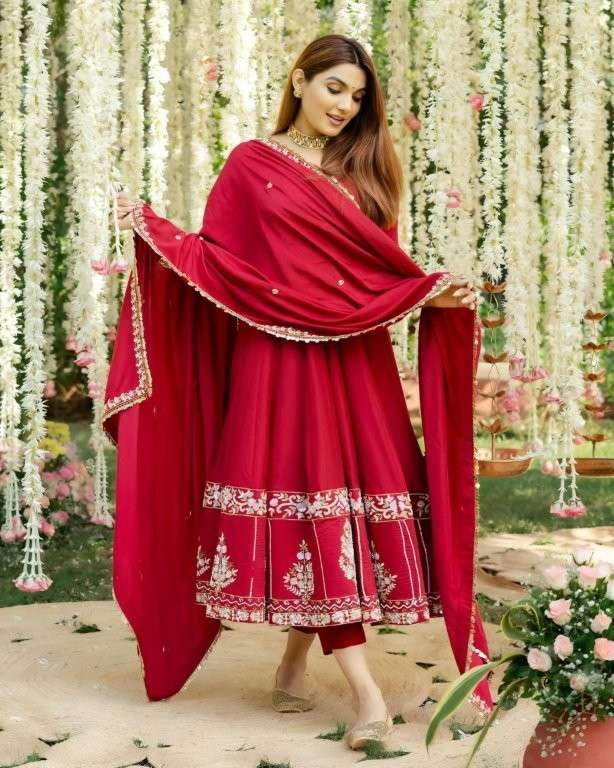 TD-6074 BY ASLIWHOLESALE DESIGNER PURE ROMAN SILK EMBROIDERY PRINTED DRESSES-00235