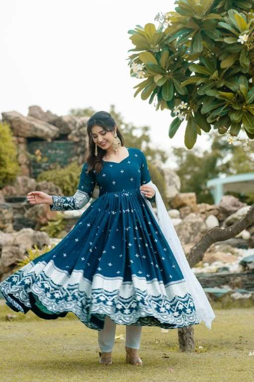 TD-6079 BY ASLIWHOLESALE DESIGNER PURE FAUX BLOOMING EMBROIDERY PRINTED DRESSES-00235