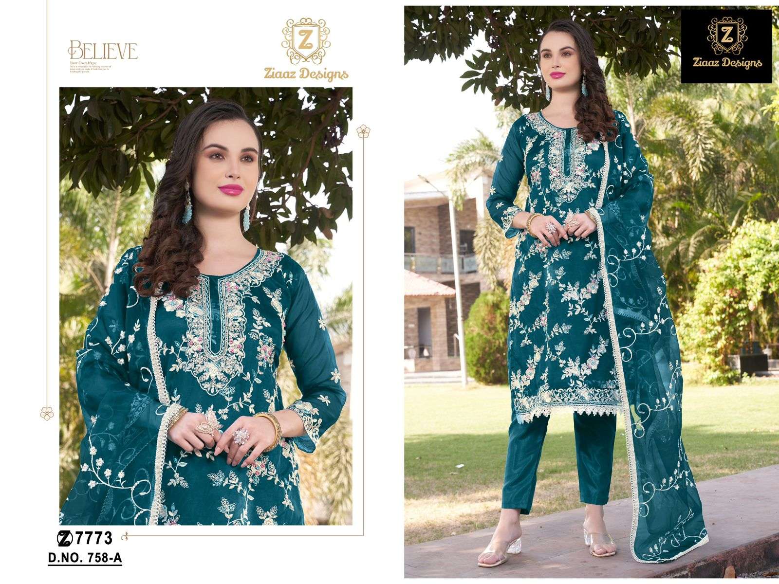 ZIAAZ DESIGNS 7773 COLOUR 758-A TO 758-C SERIES PURE ORGANZA EMBROIDERY DRESSES- 00201