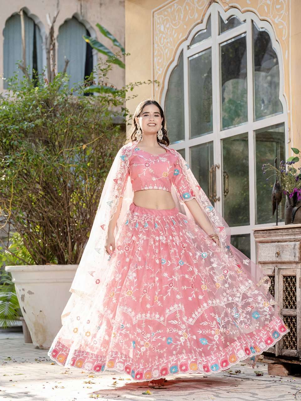04 PINK COLOUR BY ASLIWHOLESALE DESIGNER PURE NET EMBROIDERY LEHENGAS-00060