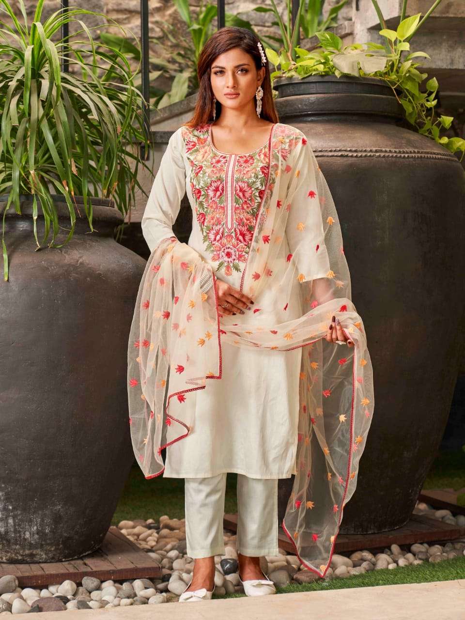 134 SERIES BY ASLIWHOLESALE DESIGNER PURE VISCOSE CHANDERI EMBROIDERY PRINTED DRESSES-00293