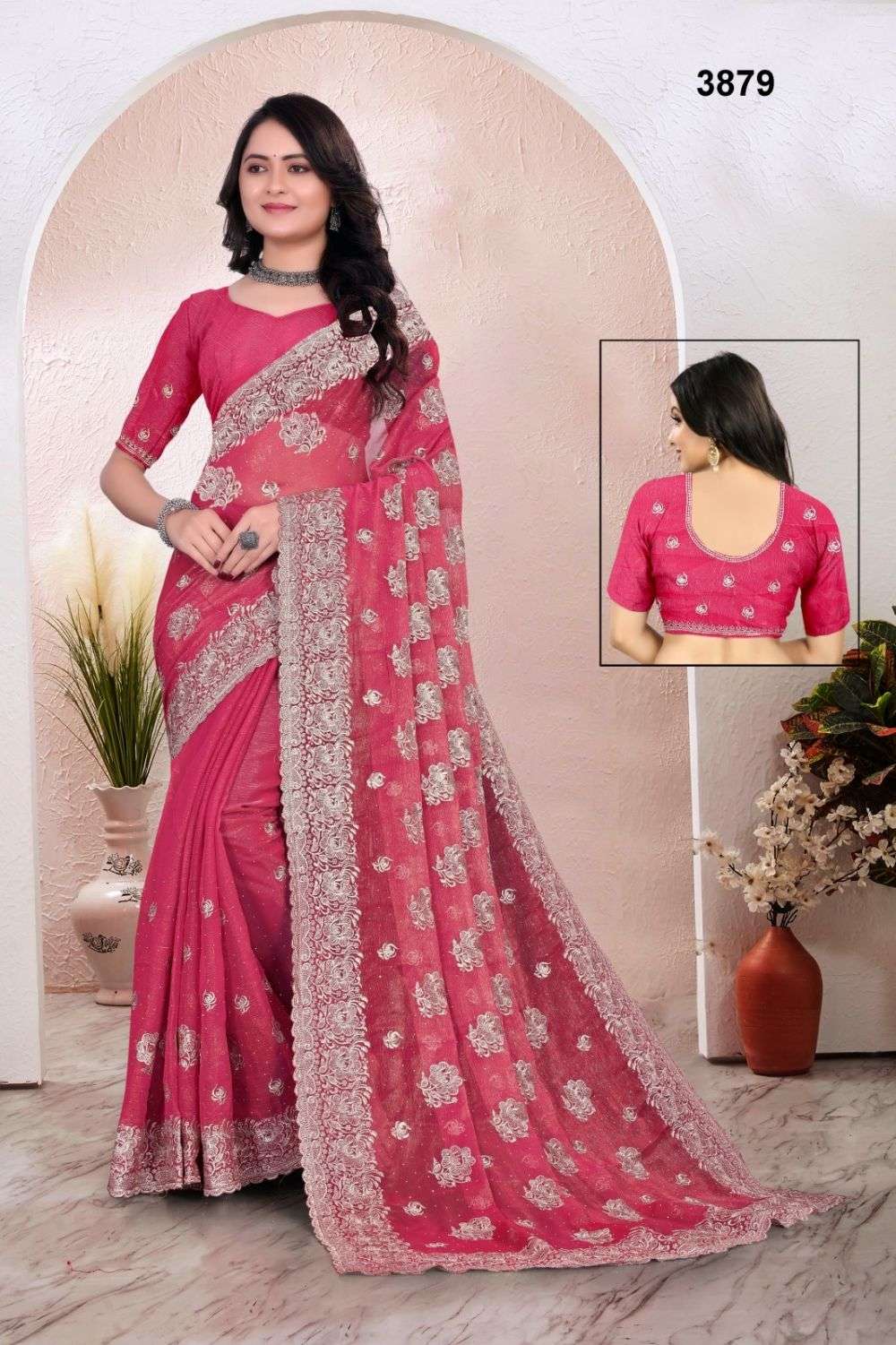 3879 COLOUR BY ASLIWHOLESALE DESINGER PURE CHIFFON EMBROIDERY PRINTED SAREES-00103