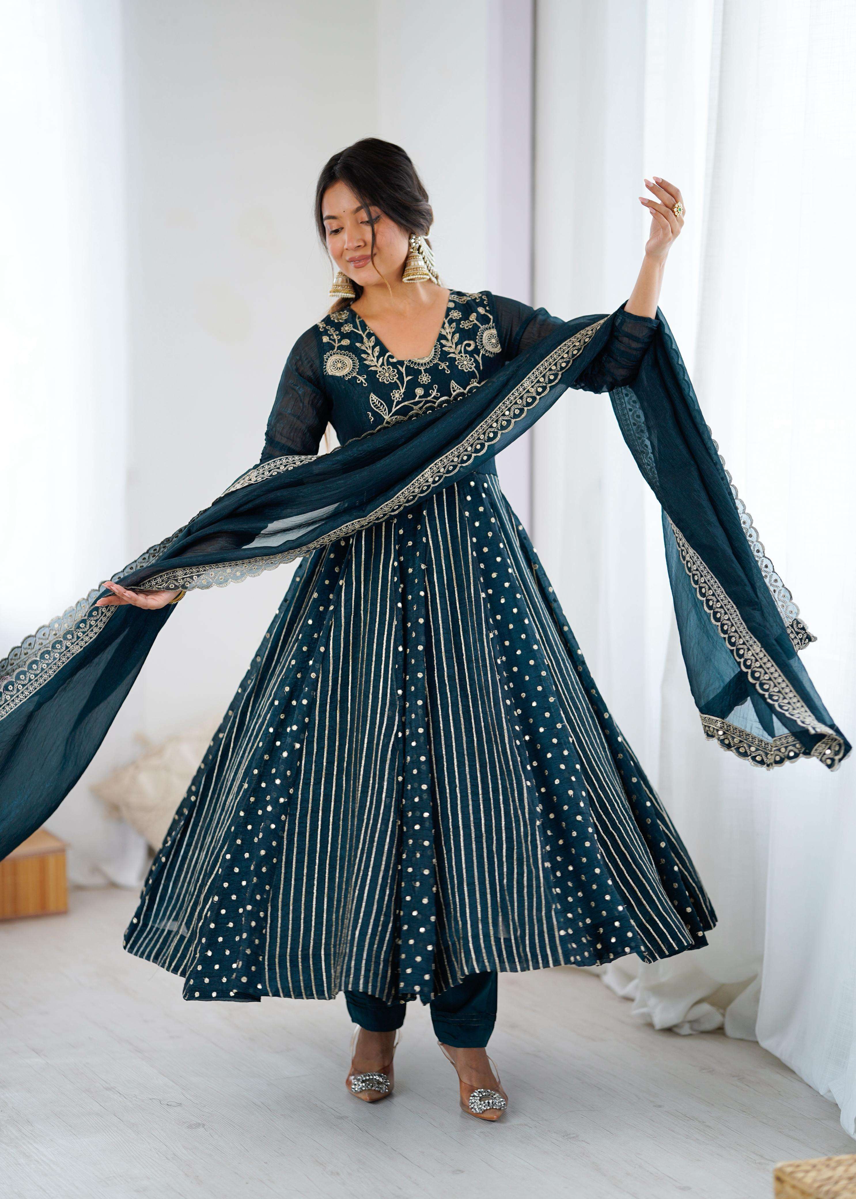 5293 HIT COLOUR BY ASLIWHOLESALE DESIGNER PURE SILK EMBROIDERY PRINTED DRESSES-00235