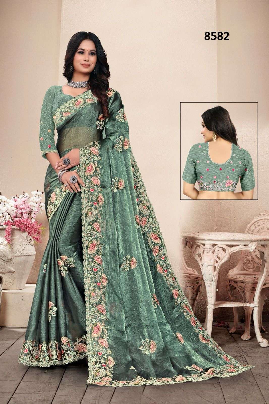 8582 COLOUR BY ASLIWHOLESALE DESIGNER PURE FANCY EMBROIDERY PRINTED SAREES -00103