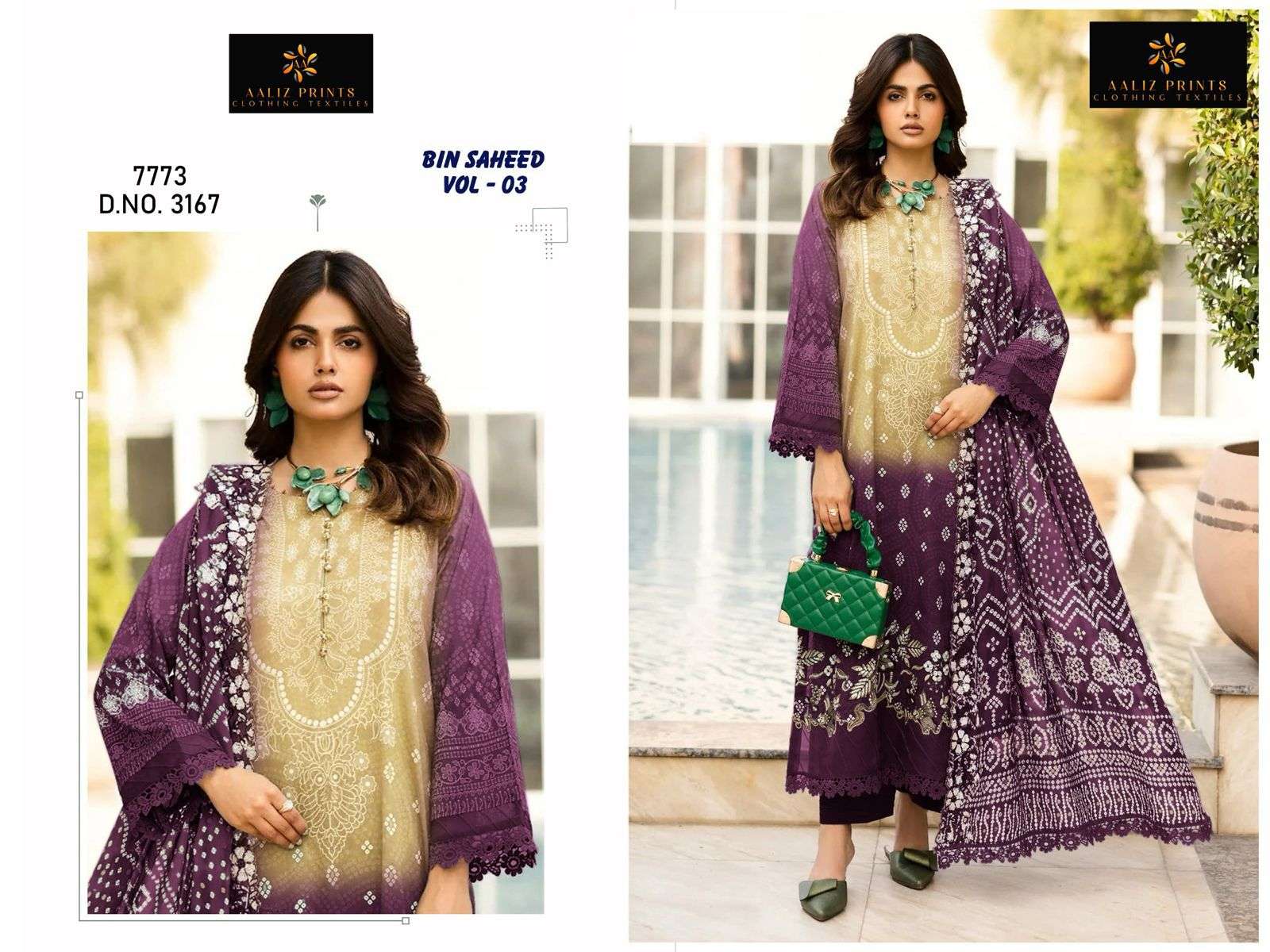 AALIZ PRINTS BIN SAEED VOL-03 3167 TO 3170 SERIES PURE COTTON PRINTED PAKISTANI DRESSES-00062