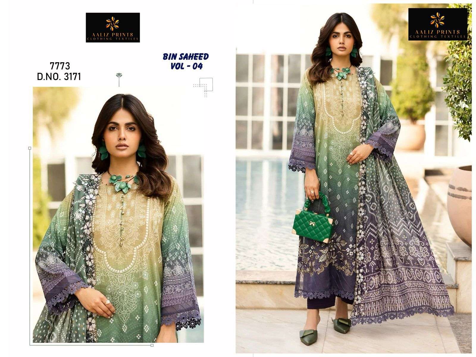 AALIZ PRINTS BIN SAEED VOL-04 3171 TO 3174 SERIES PURE COTTON PRINTED PAKISTANI DRESSES-00201